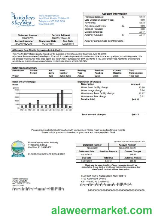USA Florida Florida Keys utility bill template in Word and PDF format